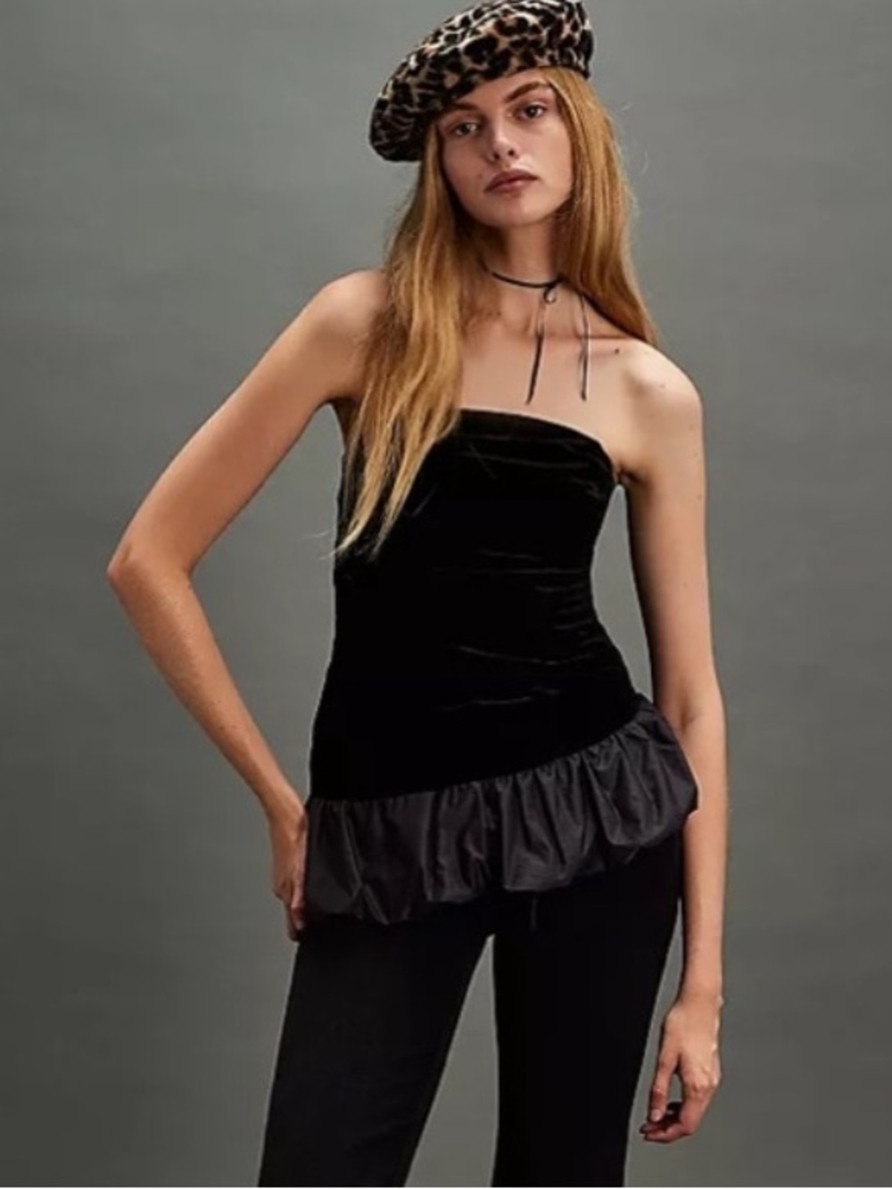 NWT free people Black Strapless Velvet Top with Ruffle Hem